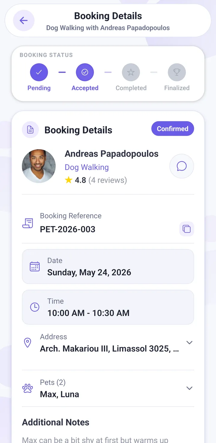 Petsly booking details screen showing dates, pets and price breakdown