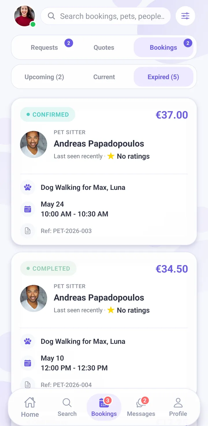 Petsly bookings list showing an owner’s upcoming and past bookings
