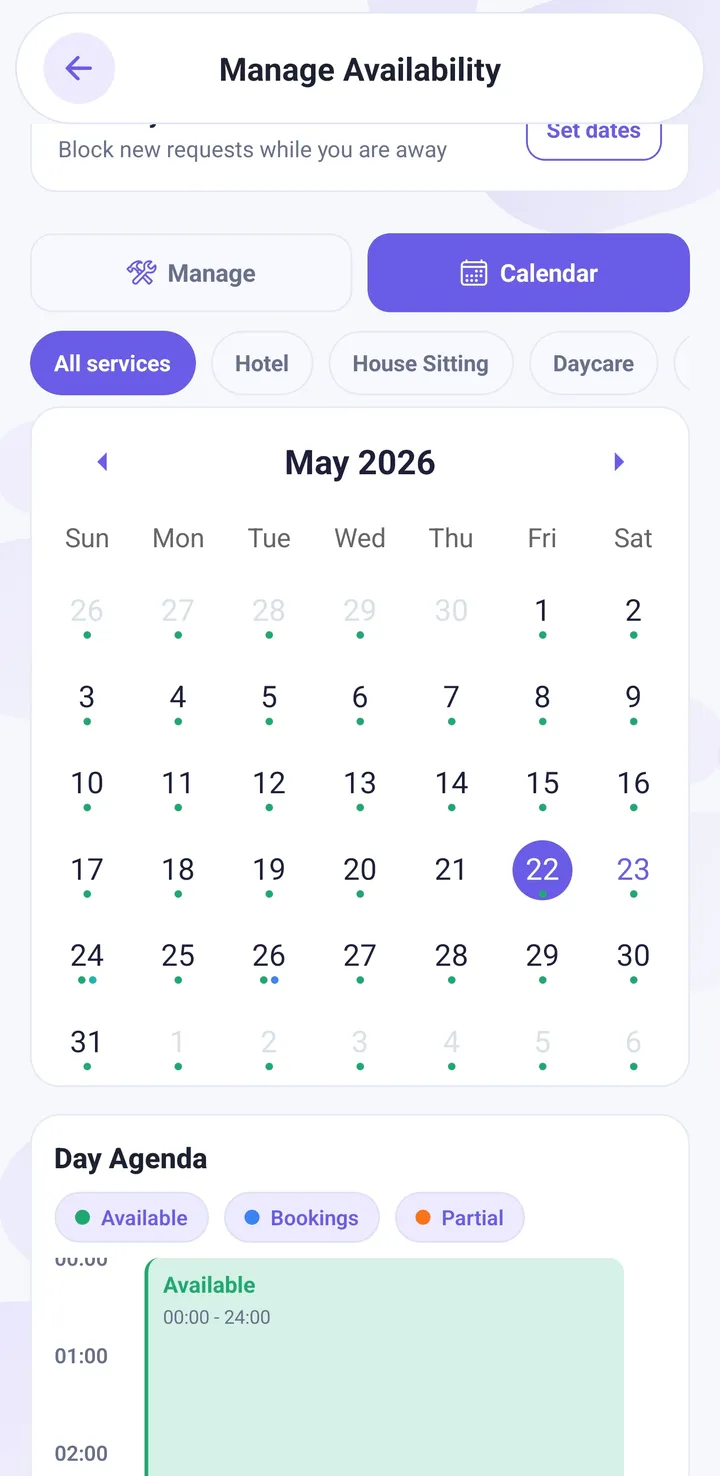 Petsly sitter availability calendar for managing booking dates