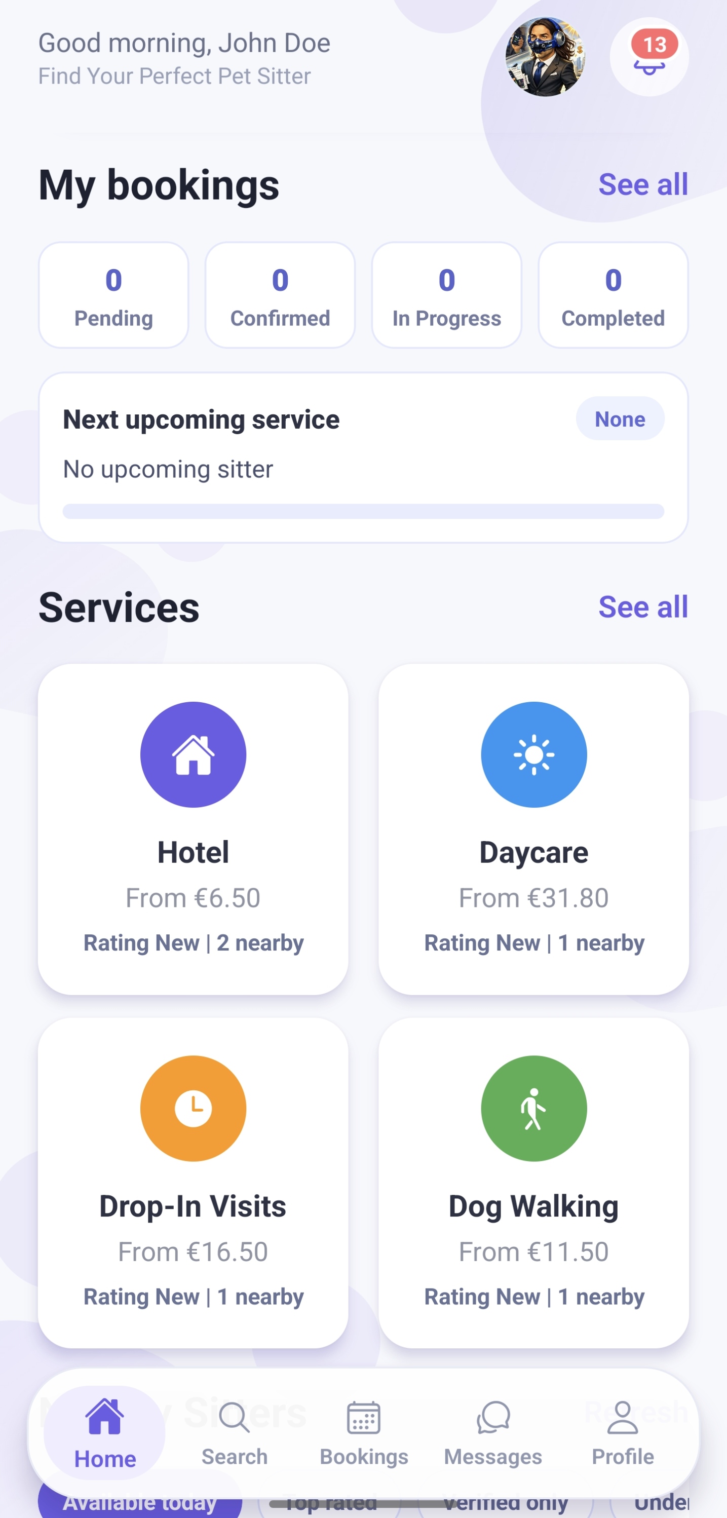 Petsly app showing pet sitter search in Paphos for dog walking, pet boarding and house sitting